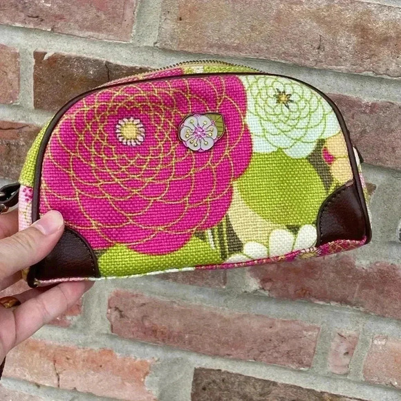 Spartina 449 Handbags - Sparta 449 Floral Pink Green Colorful Leather Wristlet Travel Bag Case Cosmetic